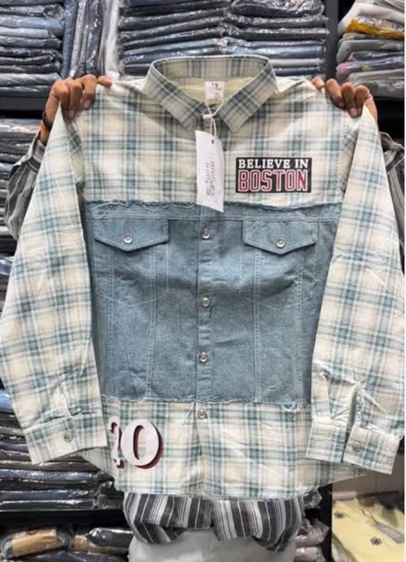 VOGUE DESIGN CENLES Cream Blue Check With Denim Half Sleeve Drop Shoulder Imported Men’s Shirt 2721