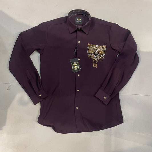 AQUARIUS Purple Colour Cat Golden Silver Gold Stud Design Premium Quality Full sleeve Shirt 2570