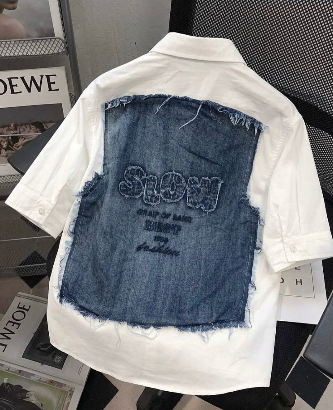 VOGUE DESIGN SLOW ORAIP OF SAND White With Blue Denim Half Sleeve Drop Shoulder Imported Men’s Shirt 2665