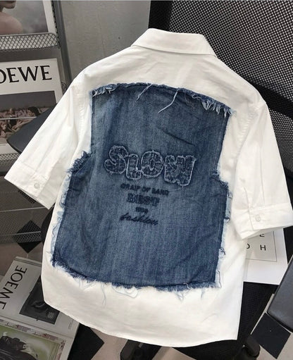 VOGUE DESIGN SLOW ORAIP OF SAND White With Blue Denim Half Sleeve Drop Shoulder Imported Men’s Shirt 2665