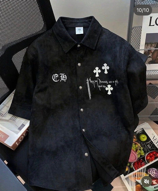 VOGUE DESIGN RHC CHR Black Colour White Patch Half Sleeve Drop Shoulder Imported Men’s Shirt 2671