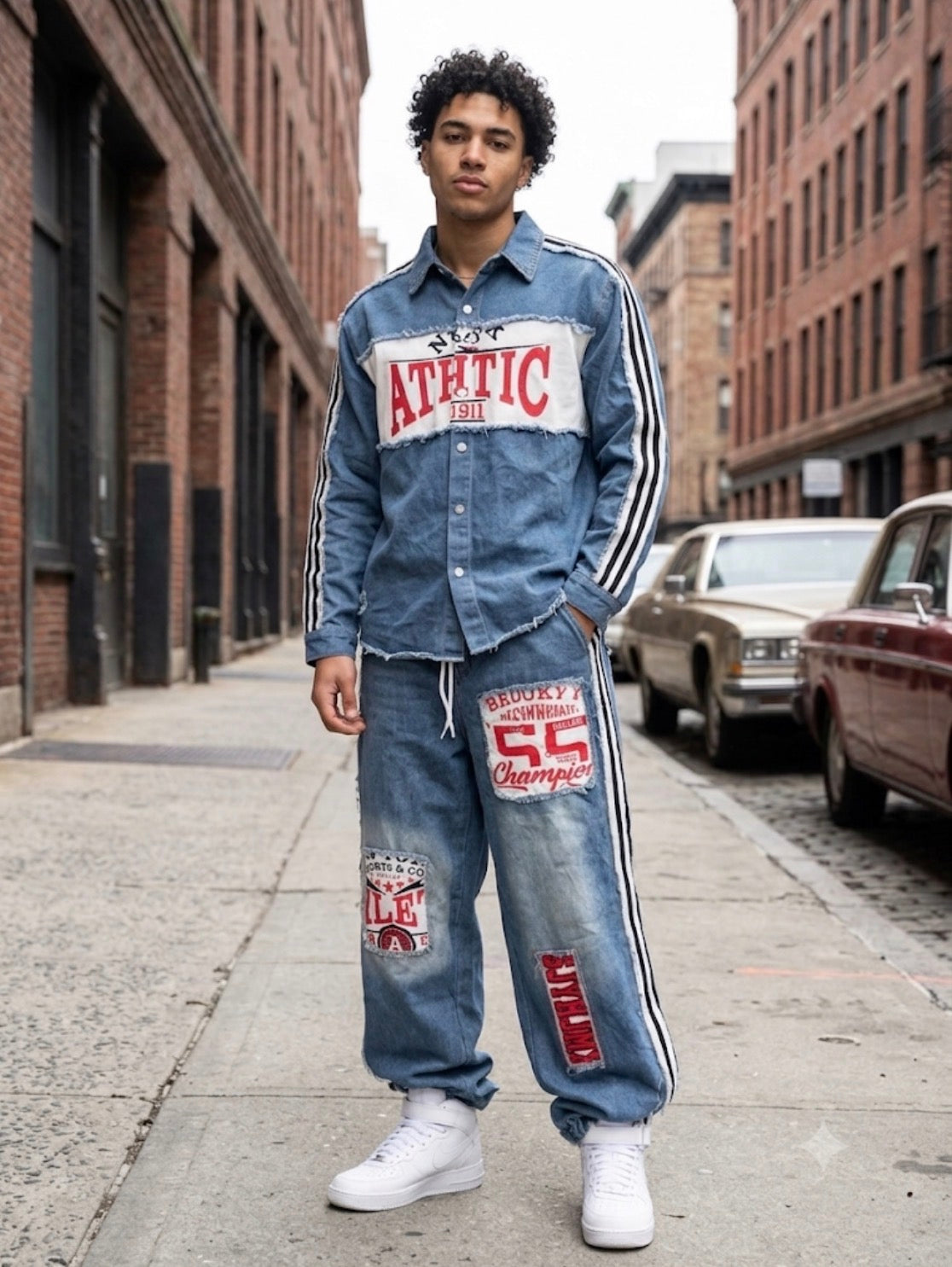 JMX Denim White Colour Athtic 1991 Print Jacket And Denim Cargo Imported Unisex Coord Set 2086
