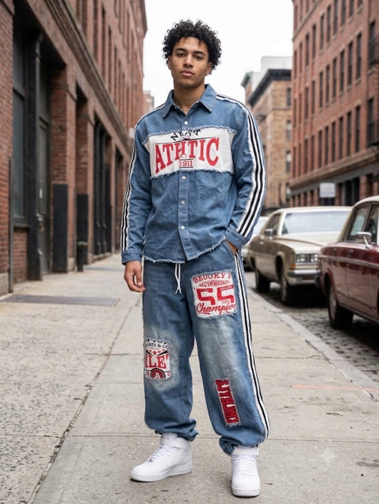 JMX Denim White Colour Athtic 1991 Print Jacket And Denim Cargo Imported Unisex Coord Set 991077