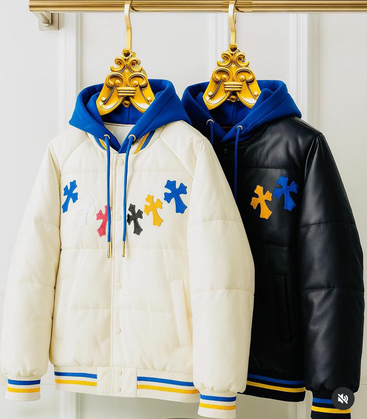 RHC CHR White Leather Puffer Multi Colour Logo Patch Men’s Hooded Jacket B6855