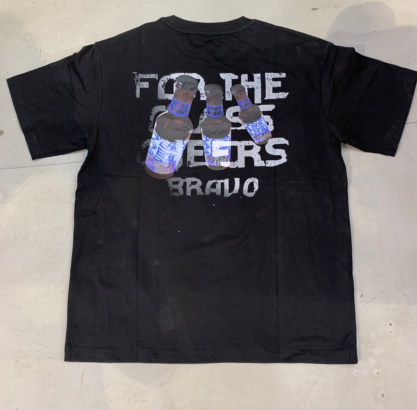 OUTLIER Black Colour Lucky Cider Bottle Print Stone Work Round Neck Tshirt OL521