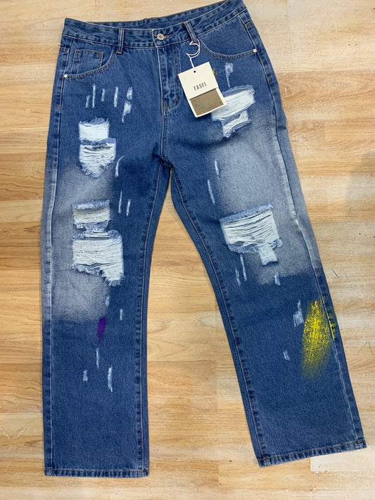 EASEL Light Blue Jeans Rugged Paint Straight Fit 989394