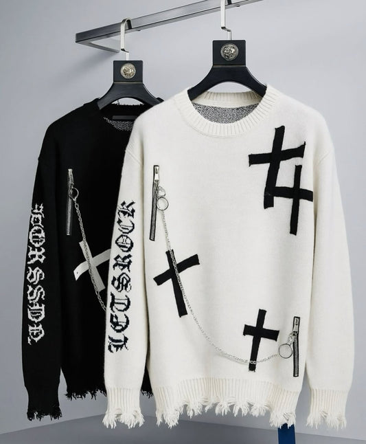 LET’S ROCK Black Important Ripped Crew Neck Oversized Unisex Knit Sweater 7576