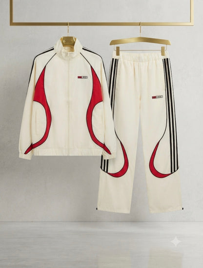 Brand Design Cream Red Colour Black Strap Yes Embroidery Jacket And Lower Imported Unisex Coord Set 6607-A