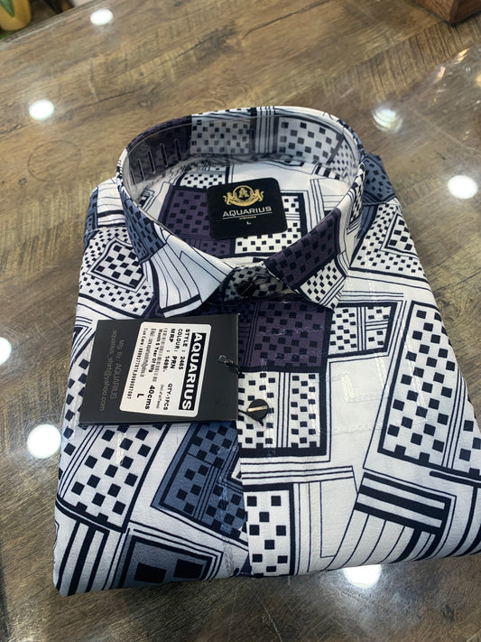 AQUARIUS  White Color  Box Print purple Blue Black Design Premium Quality Full sleeve Shirt 2465