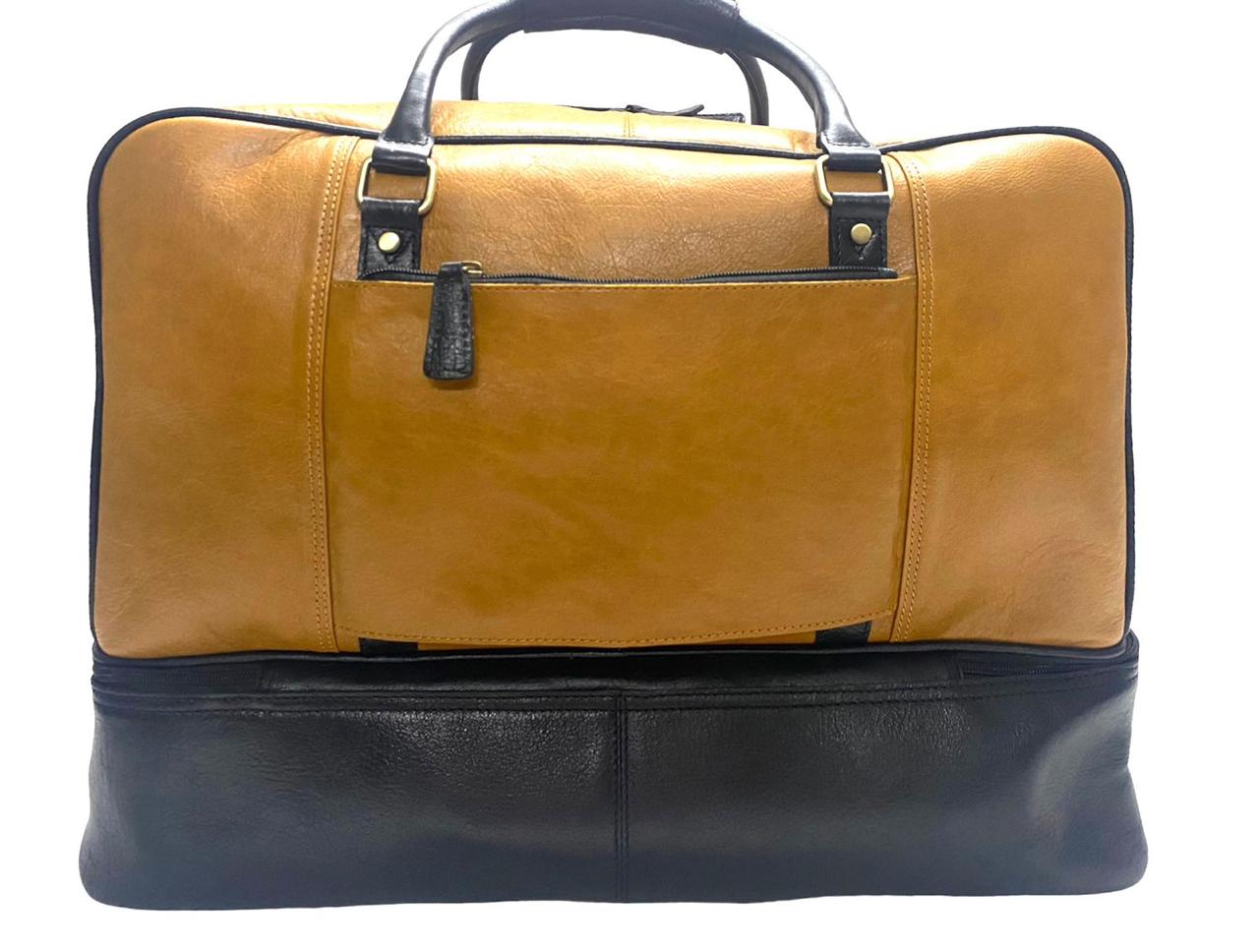 Tan And Black LDA Genuine Leather Big Size Double Decker Travelling Duffle Bag 988085