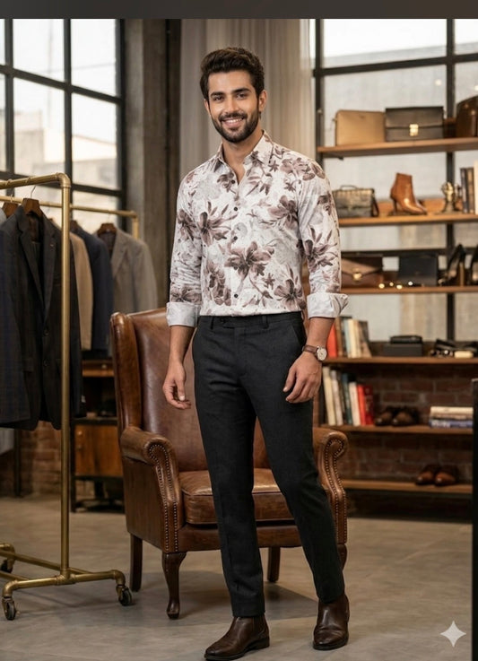 AQUARIUS White Colour  Brown Pink Flower Print Black Stud Premium Quality Full sleeve Shirt 990769