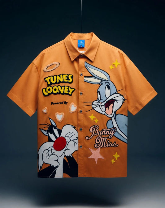 CHLEN/RTEEL Rust Colour TUNES LOONEY Cartoon Print Half Sleeve Imported Oversized Unisex Shirt Yh991