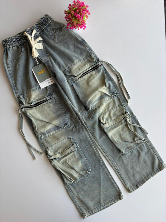 FASHION Blue Green Faded Colour 8 Pocket Imported Unisex Cargo Jeans 2508