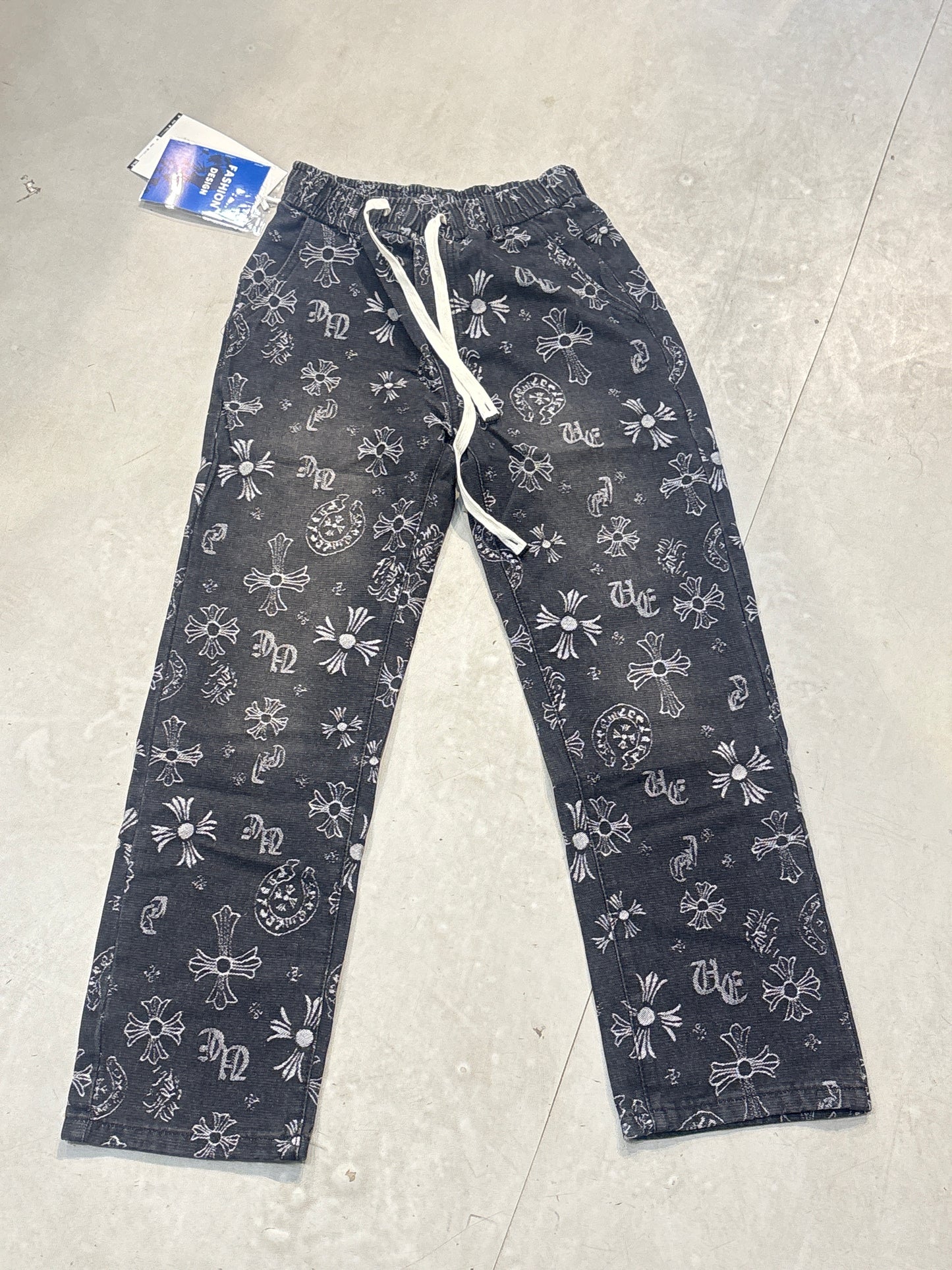 Fashion Design Chr Print Black Grey Faded Denim Jogger Pant 2850