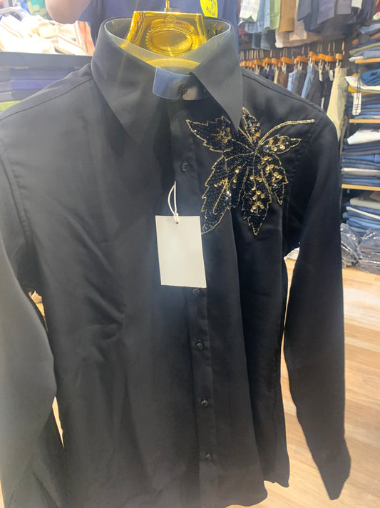 LAB Shirt Black Colour Leaf Stone Print H1009