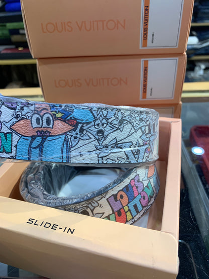 UOL LOU Mettle Grey Black Buckle Black White Printed Double Side Strap Unisex Belt 989890