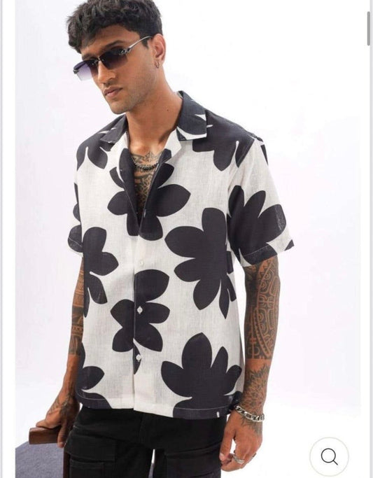 LDA White Colour Black Flower Printed Half Sleeve Men’s Shirt 989632