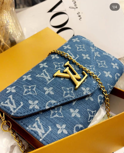 UOL LOU Blue Denim Gold Buckle Ladies Sling Bag 2911