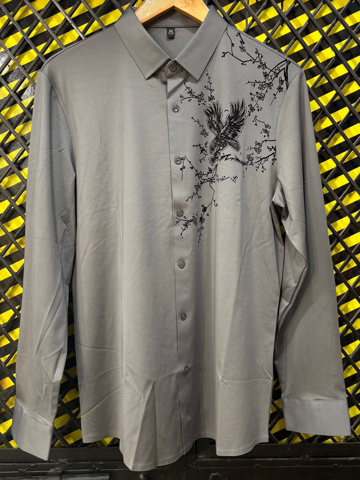 Grey Bird Stone Printed Full Sleeve Stichless Strachable Shirt 7877