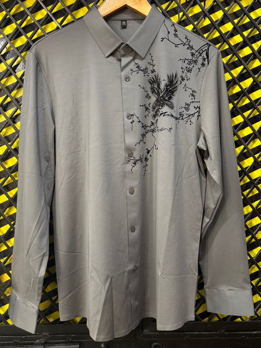 Grey Bird Stone Printed Full Sleeve Stichless Strachable Shirt 7877