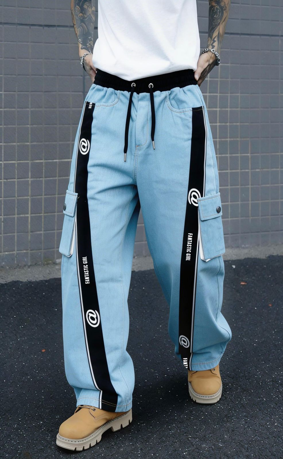 Dute De Sherji Blue Colour Black White Stripe Fantastic Girl 5 Pocket Denim Cargo 990334