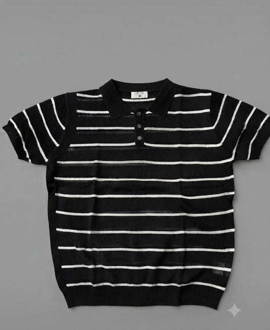 Men Stylish Black Colour White  Lining Knitted Premium Quality Unisex Collar T-Shirt R86039