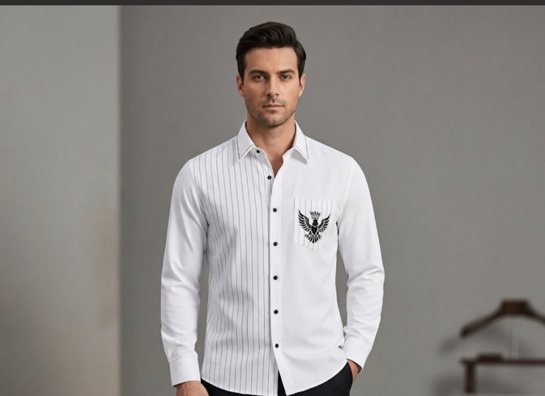 AQUARIUS White Colour Black Lining Eagle Print Premium Quality Full Sleeve Shirt 991418-A
