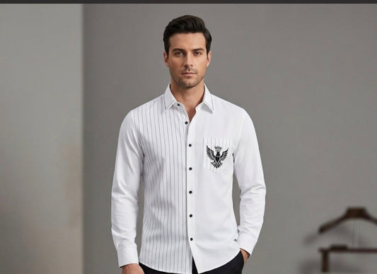AQUARIUS White Colour Black Lining Eagle Print Premium Quality Full Sleeve Shirt 991418-A