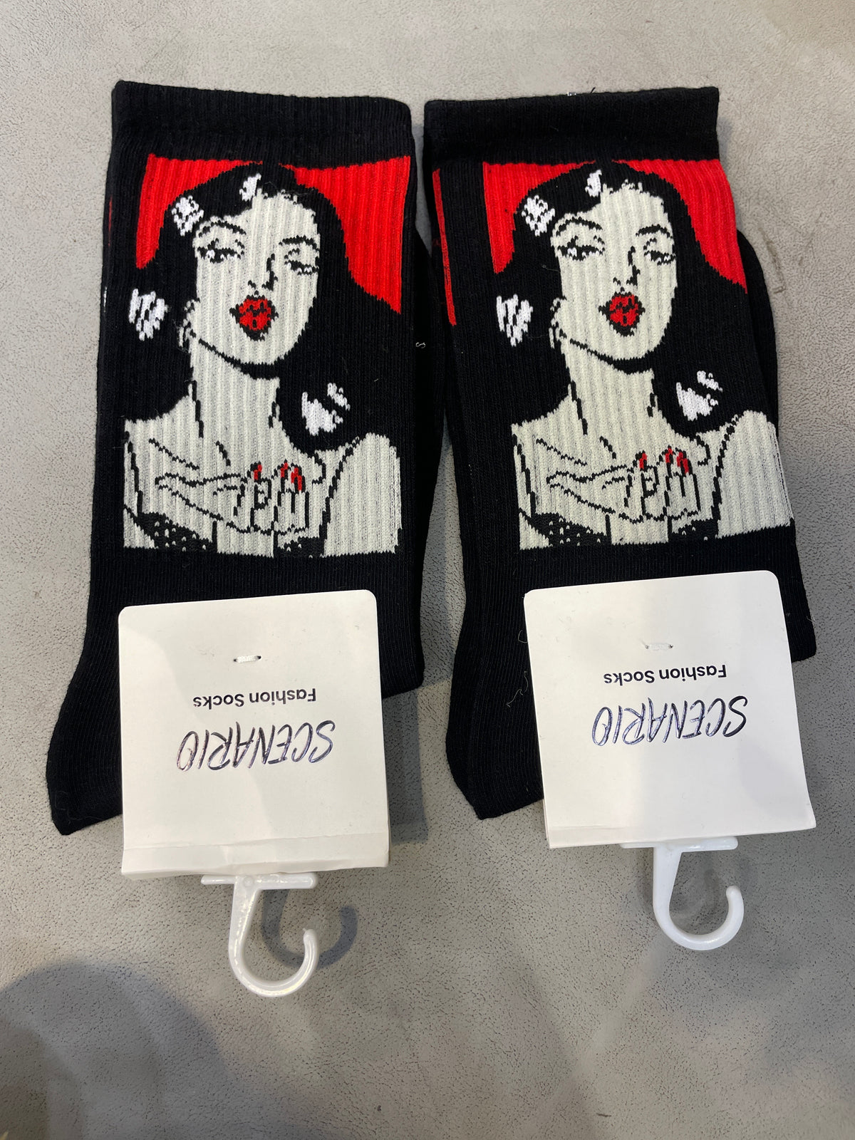 Scenario Black Colour Grey Red Girl Face Print Premium Quality Full Socks 991173