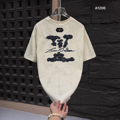 LUKASHE UOL LOU Cream Colour Back Embroidered Premium Quality Imported Unisex Tshirt A1206