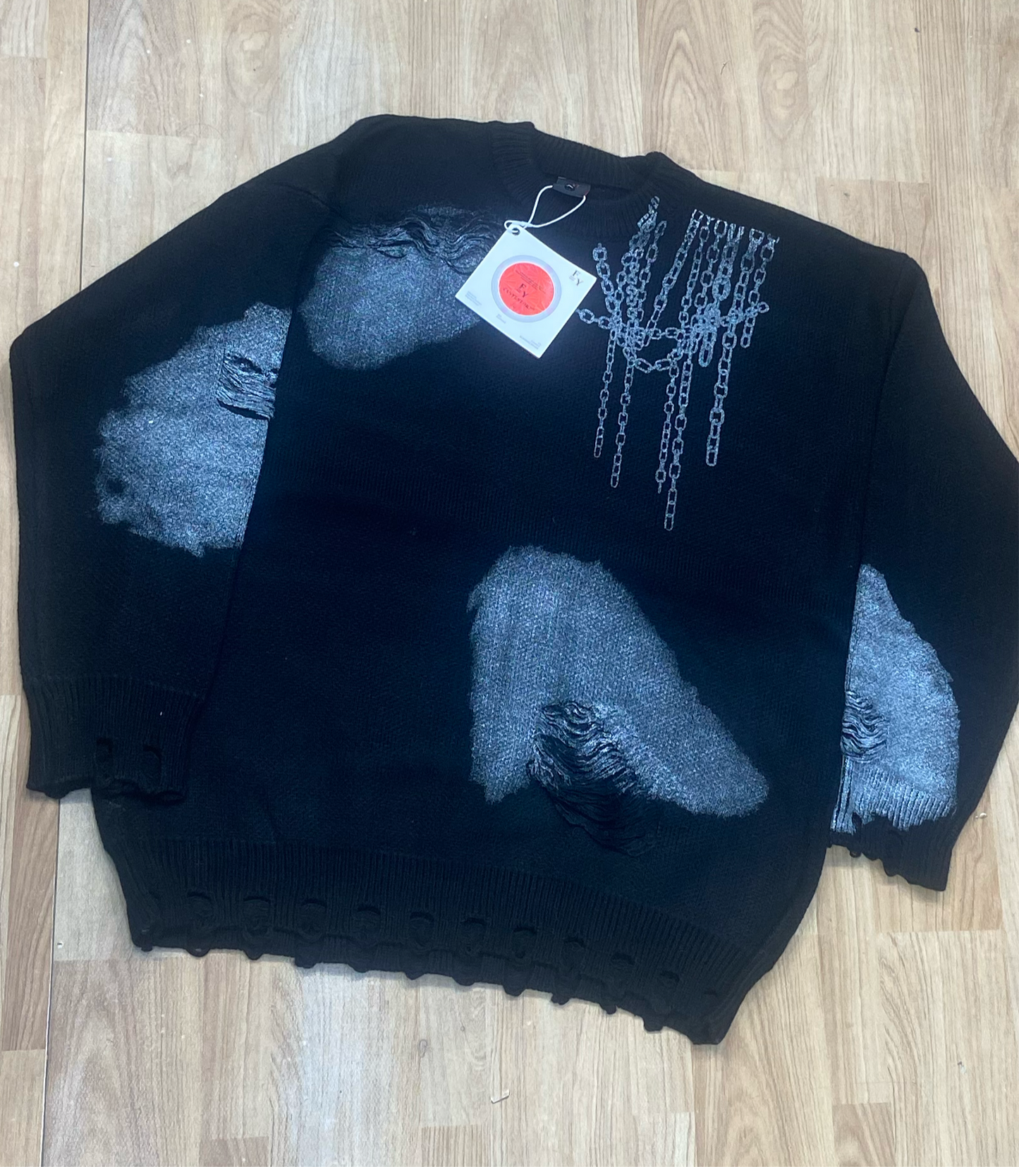 Important Ripped Crew Neck Knit Sweater Loose Fit Black Colour K9077