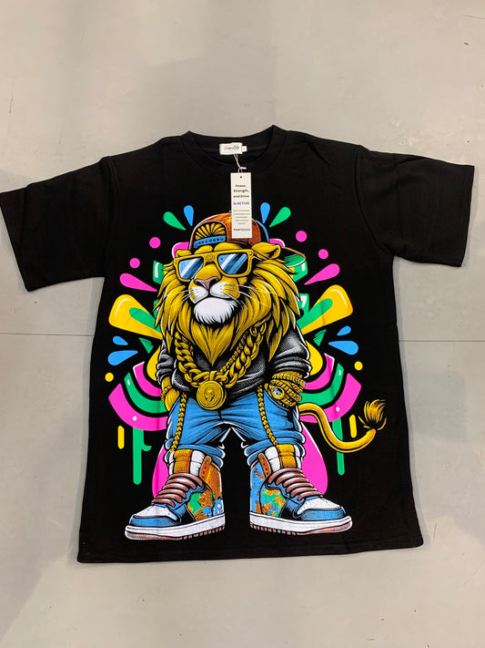 Siren Lily Black Colour Gangster  Lion Print Premium Quality Imported Oversized Unisex T Shirt 990381