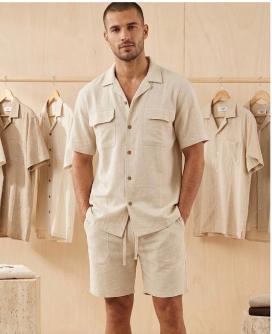 Gopher Wood Grey Colour Double Pocket Shirt With Short Linen Polyester Coord Set 990483
