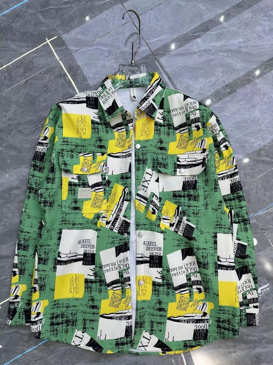 Unique Design Green Yellow White Colour Printed Full Sleeve Shacket T605