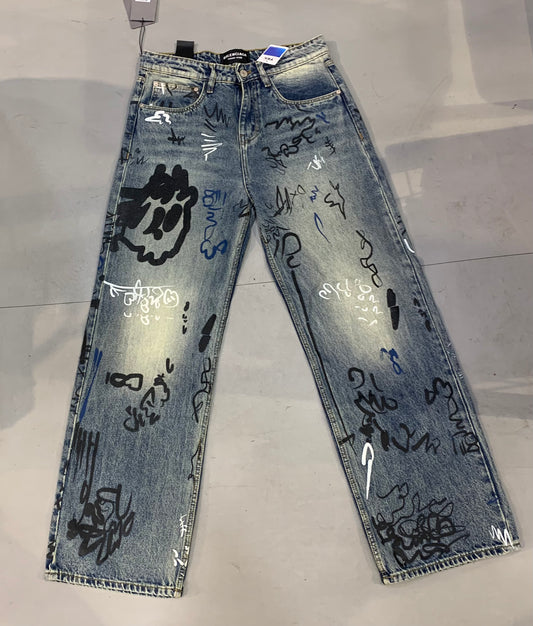 LAB BAL Faded Greenish Blue Denim With Painted Premium Quality Straight Baggy Fit Jeans 524F