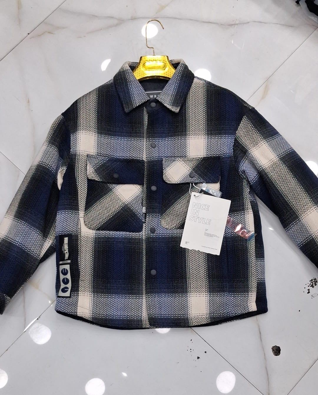 Weare White Black Blue Check Front Pocket Design Premium Quality Unisex Jacket FY9907