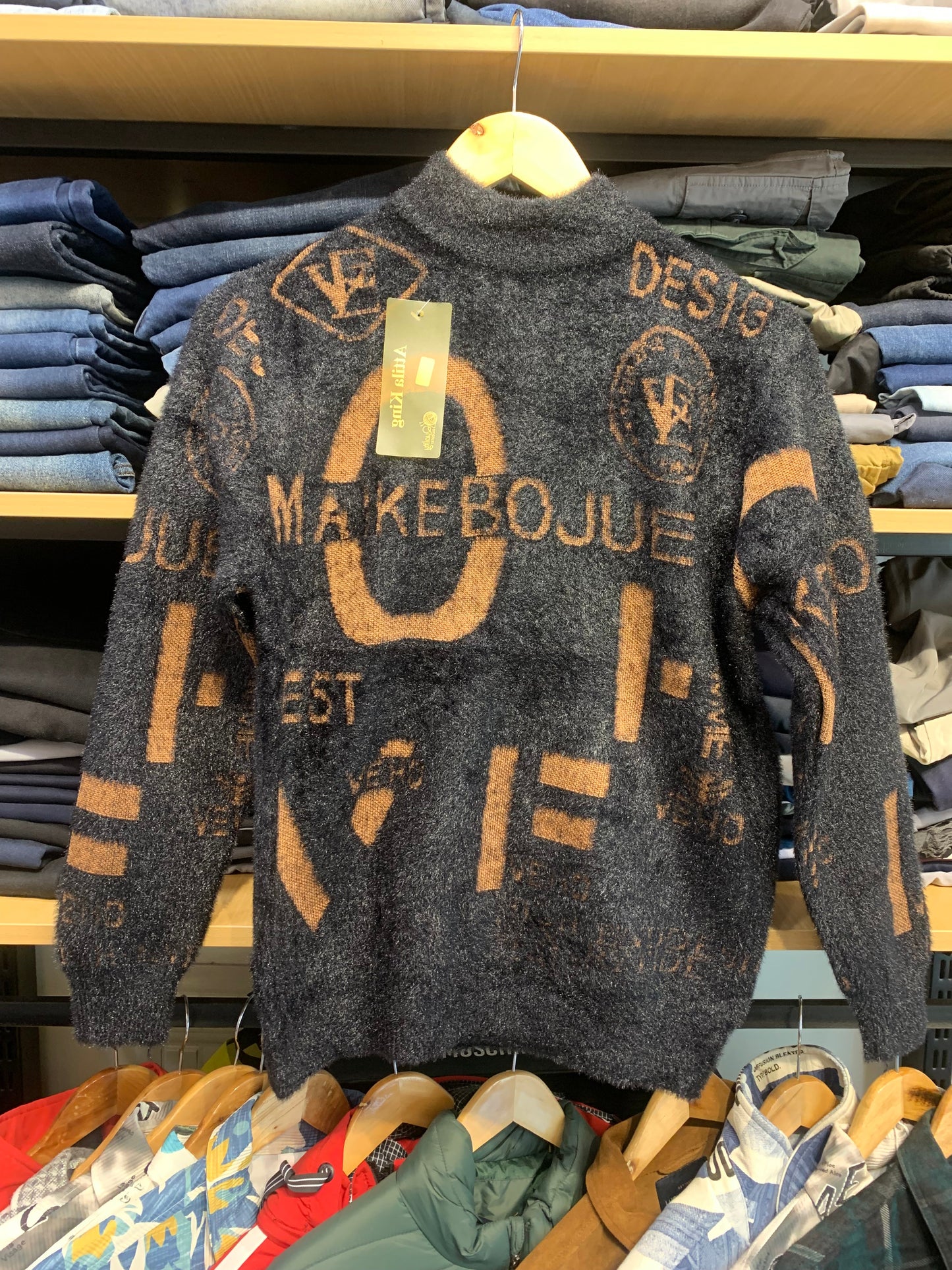 Maikebojue Black Brown Colour with front Maikebojue Print Speckled Pullover with Ribbed Hems Sweater 12577