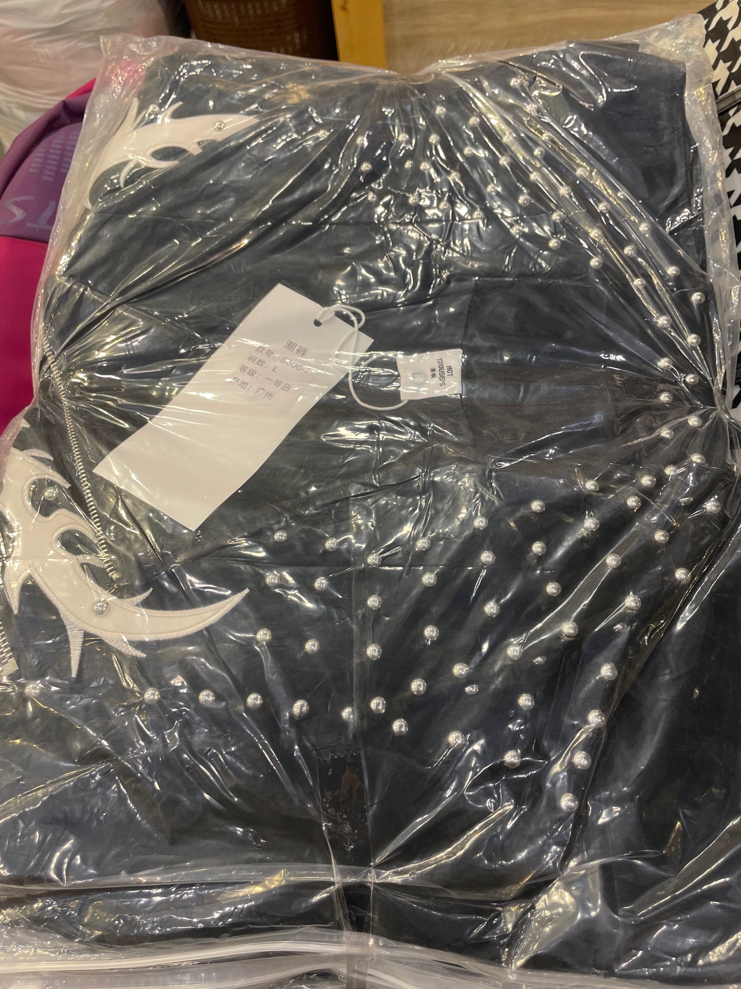 Hot Trousers Glossy Black Colour Stud White Embroidery Print Multy Zip Italian Leather  Imported Jacket 8606-8