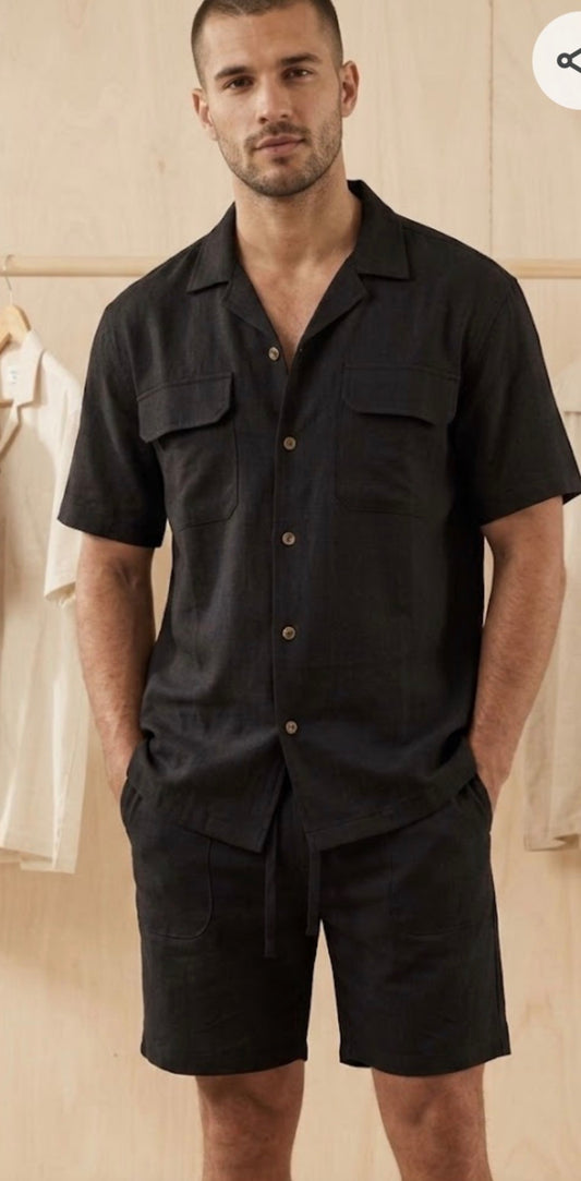 Gopher Wood Black Colour Double Pocket Shirt With Short Linen Polyester Coord Set 990484