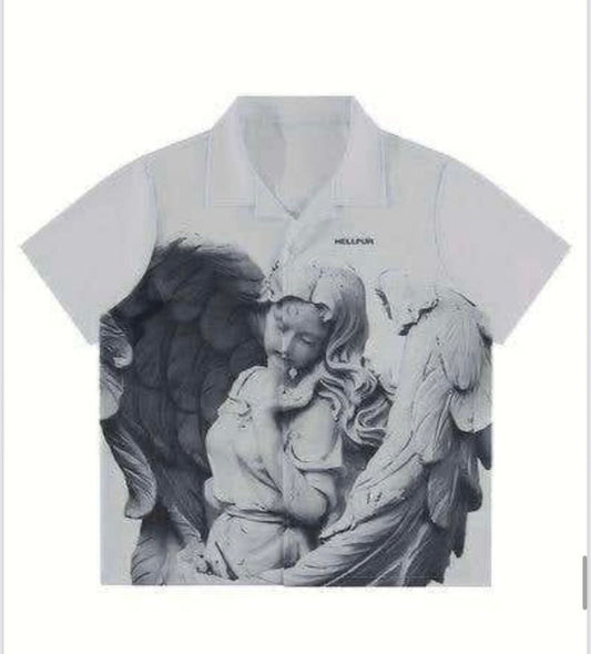 LDA White Colour Grey Angel Printed Half Sleeve Men’s Shirt 989628