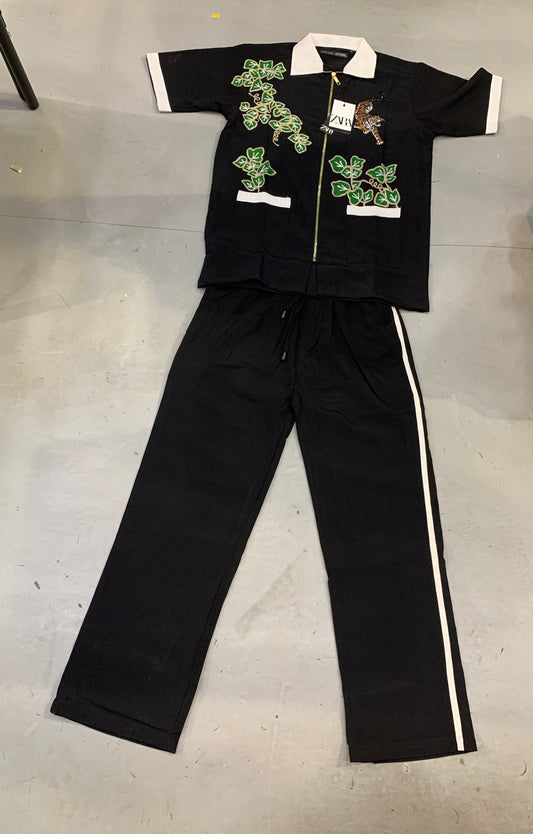 RAZ ZAR Black Colour White Collar Leave Tiger Print 2 Pocket Linen Zipper Cord Set 990724