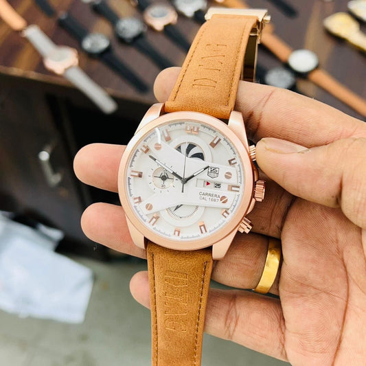 Gat Brown Leather Strap Copper Ring White Dial Men’s Watch 901363