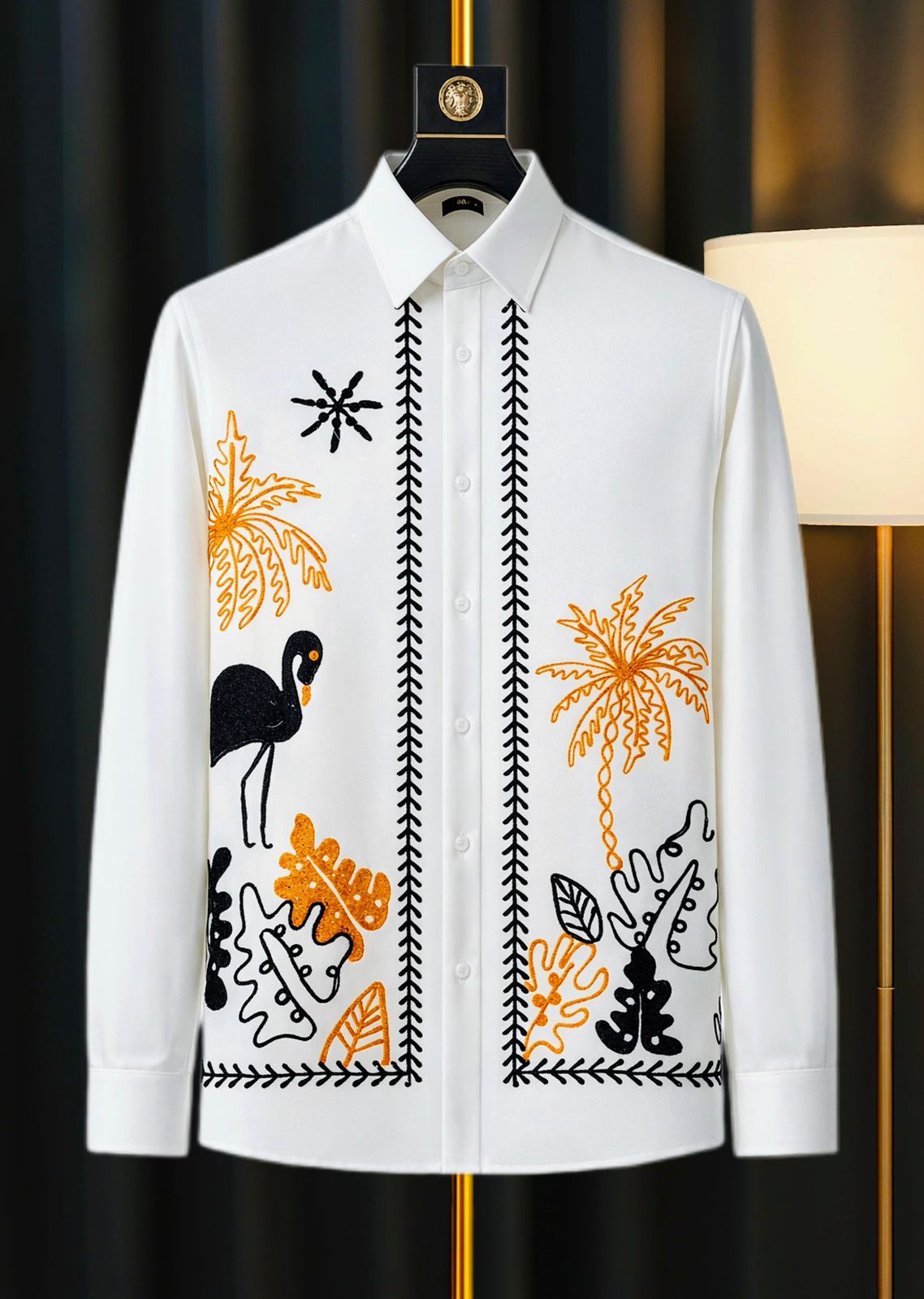 Raz Zar White Colour Black Orange Embroidery Work Full Sleeve Japanese Shirt 900216￼