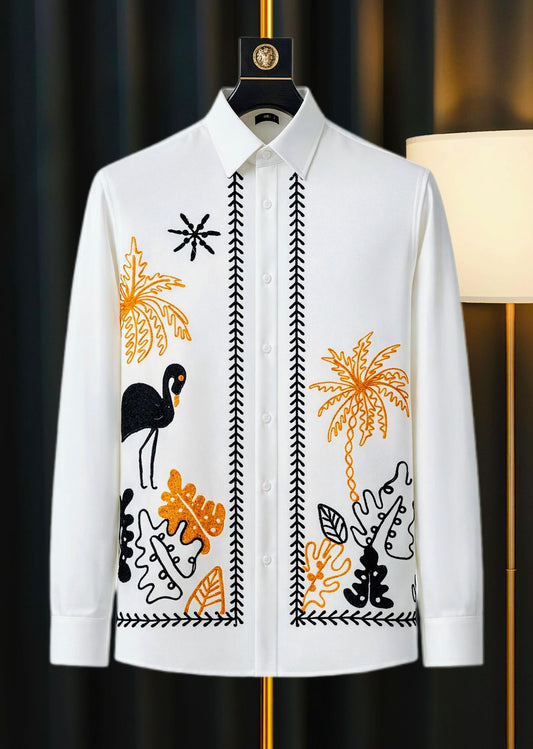 Raz Zar White Colour Black Orange Embroidery Work Full Sleeve Japanese Shirt 900216￼
