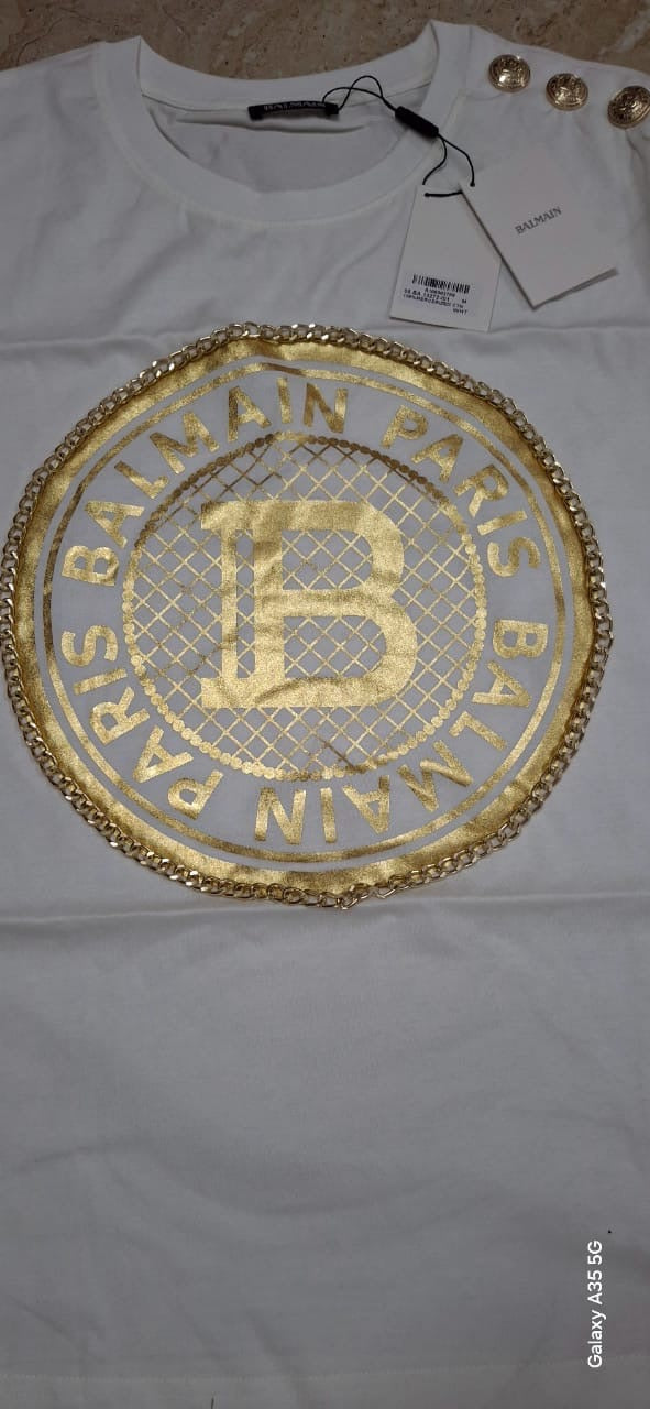 Bal Lab White Colour Gold Chain Print Shoulder Gold Button Round Neck 13272