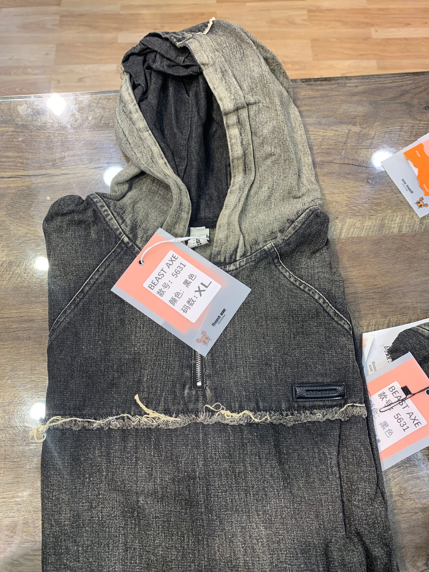Denim Hoodie With Rugged Look Grey Colour Brown Sade 5631