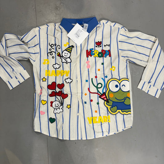 CHLEN/RTEEL White Blue Colour With KEROPPI Embroidery Cartoon Patch Full Sleeve Imported Oversized Unisex Shirt HY503
