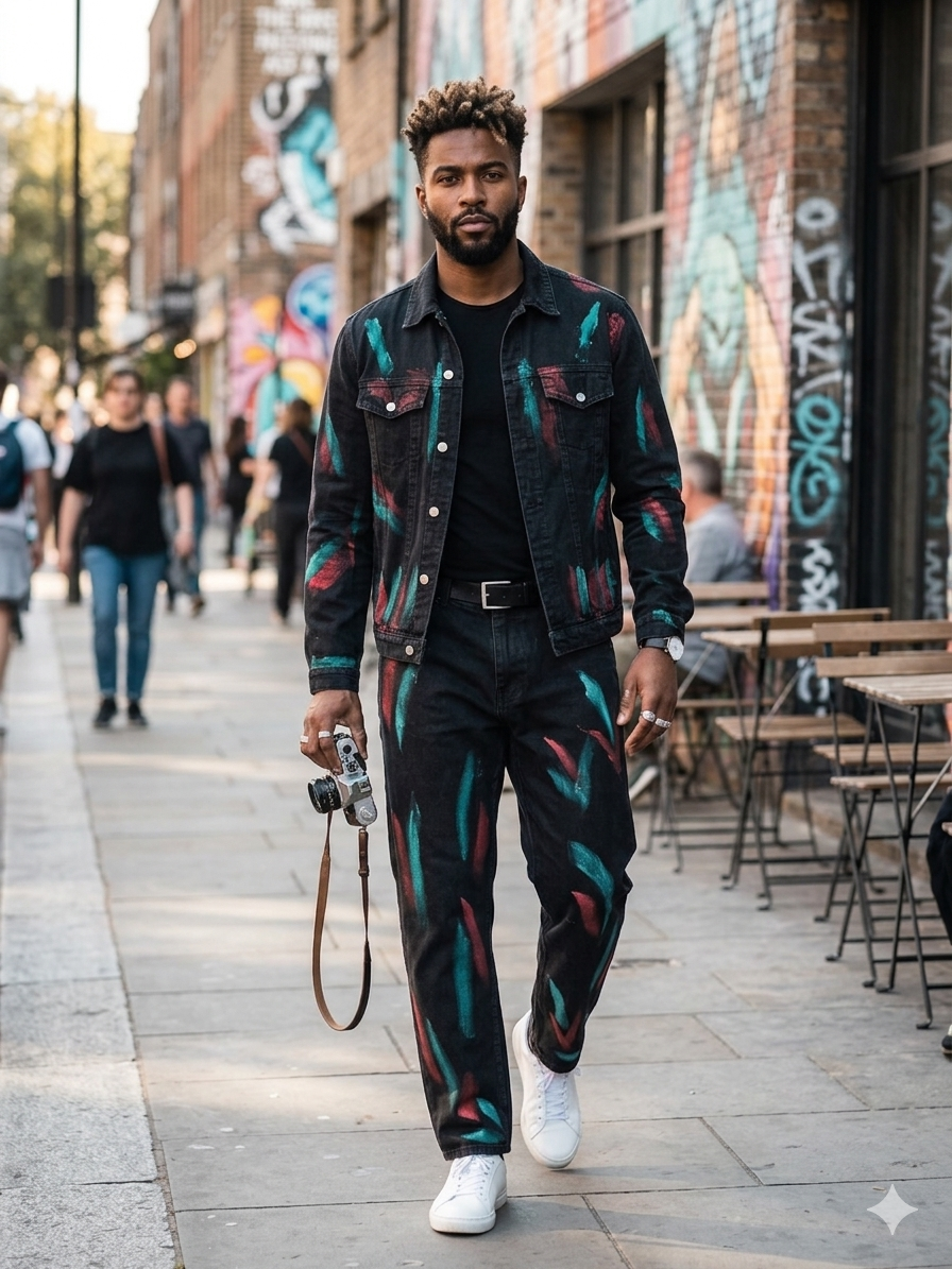 SHOW HONOR Denim Charcoal Grey Colour With Orange Green Painted Work Shirt And Jeans Imported Unisex Coord Set K20