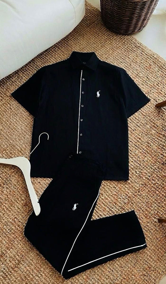 LOP POL Black Colour Linen Half Sleeve Shirt With Lower Coord Unisex Set 990540
