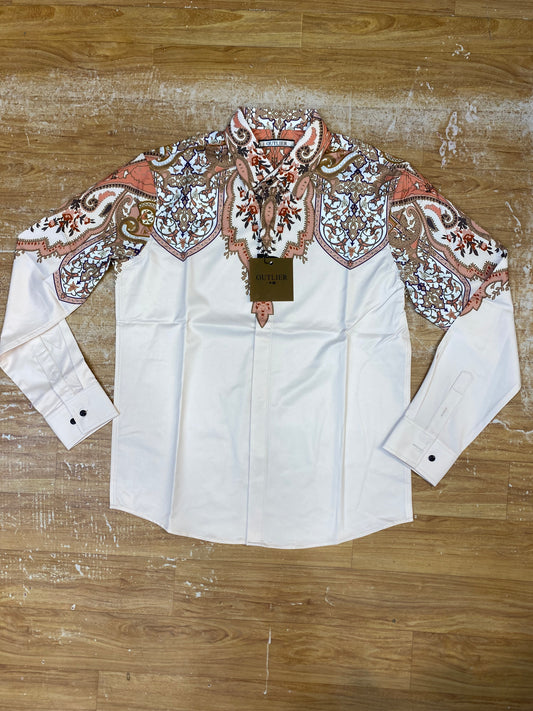 Outlier Cream Shirt Orange Brown Flower Print Premium Quality Full Sleeve Shirt 25635
